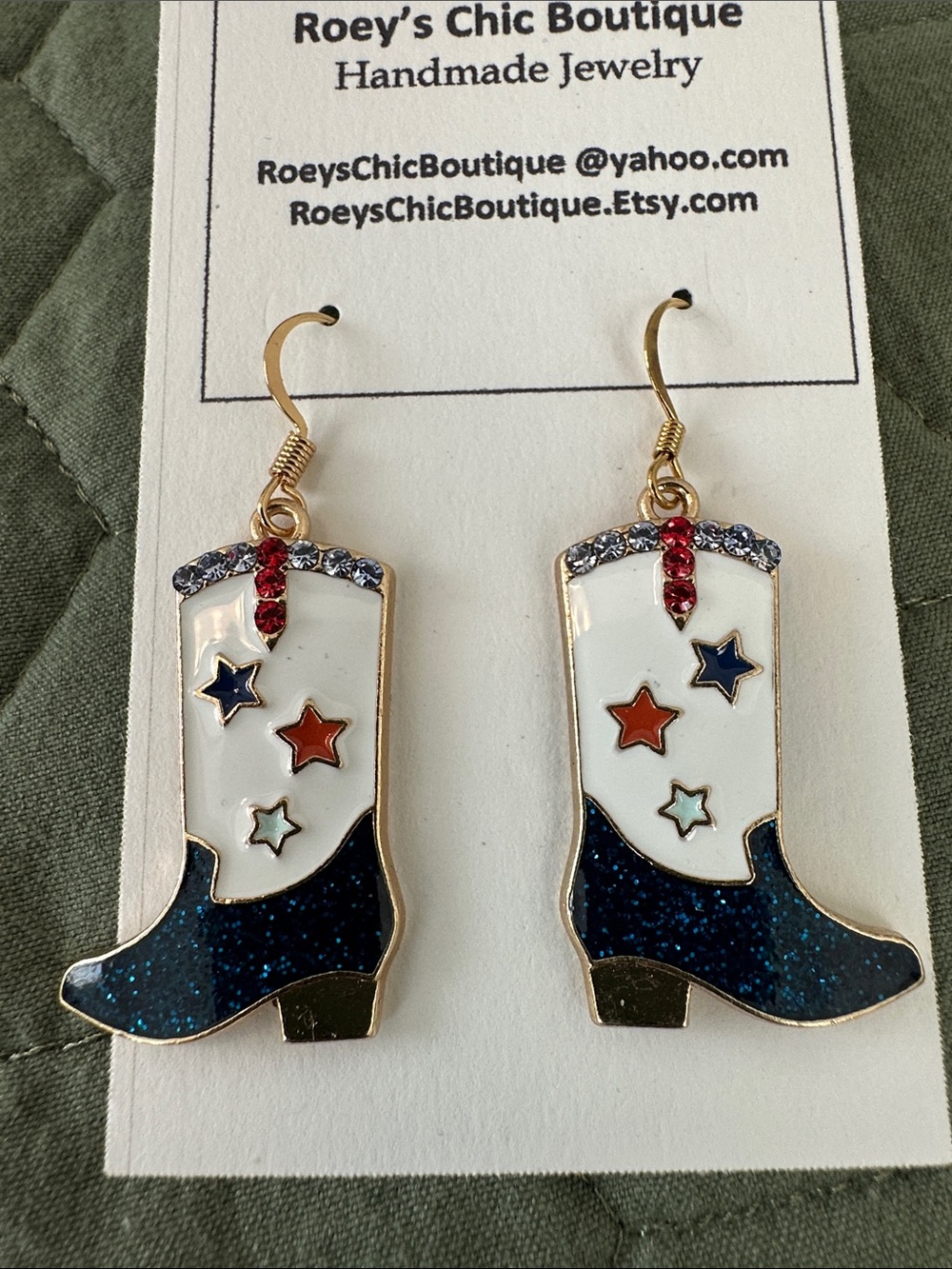 Patriotic Cowboy Boot Red White & Navy Earrings 18k GP Ear Wires
